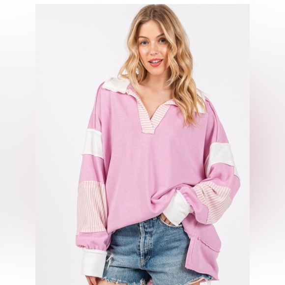 13 Striped Contrast Collared Pullover Sweatshirt - Picture 2 of 7